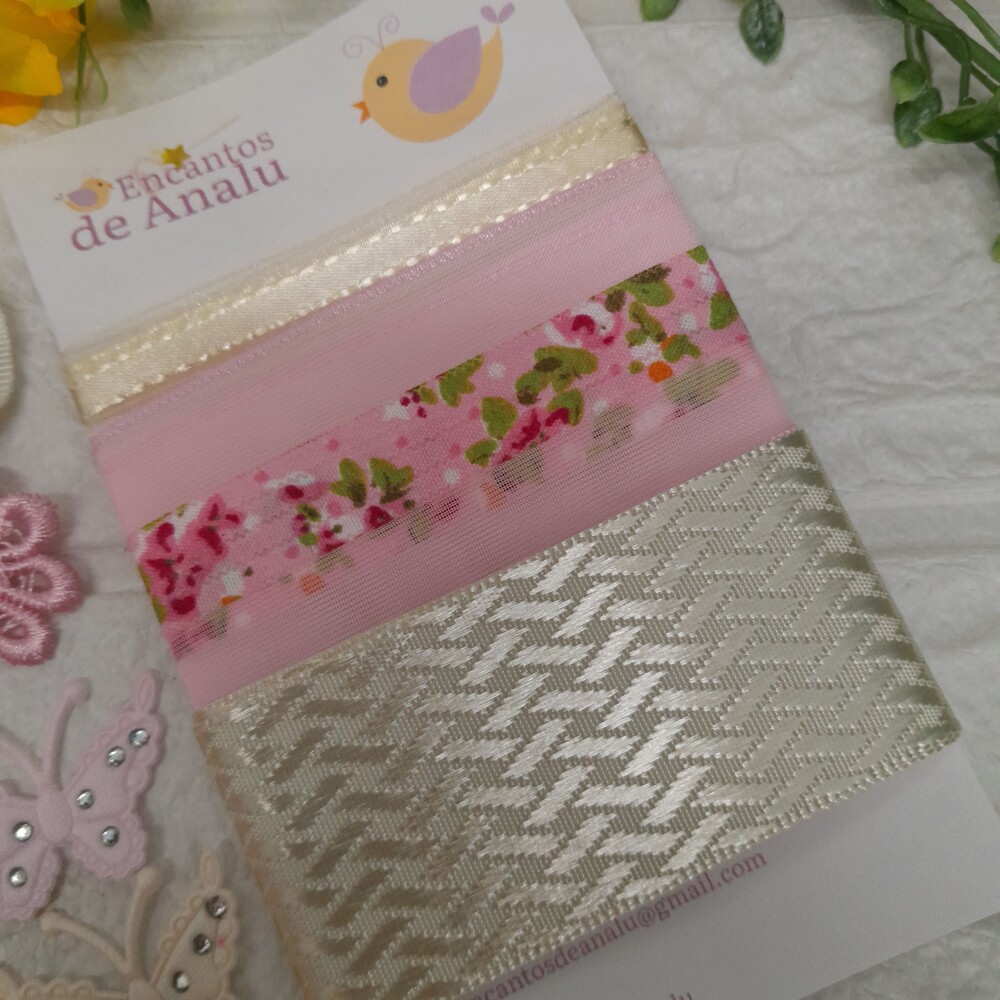 Kit de Fitas e Enfeites Coordenados Rosa e Bege Scrap e Artes