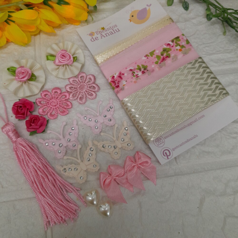 Kit de Fitas e Enfeites Coordenados Rosa e Bege Scrap e Artes