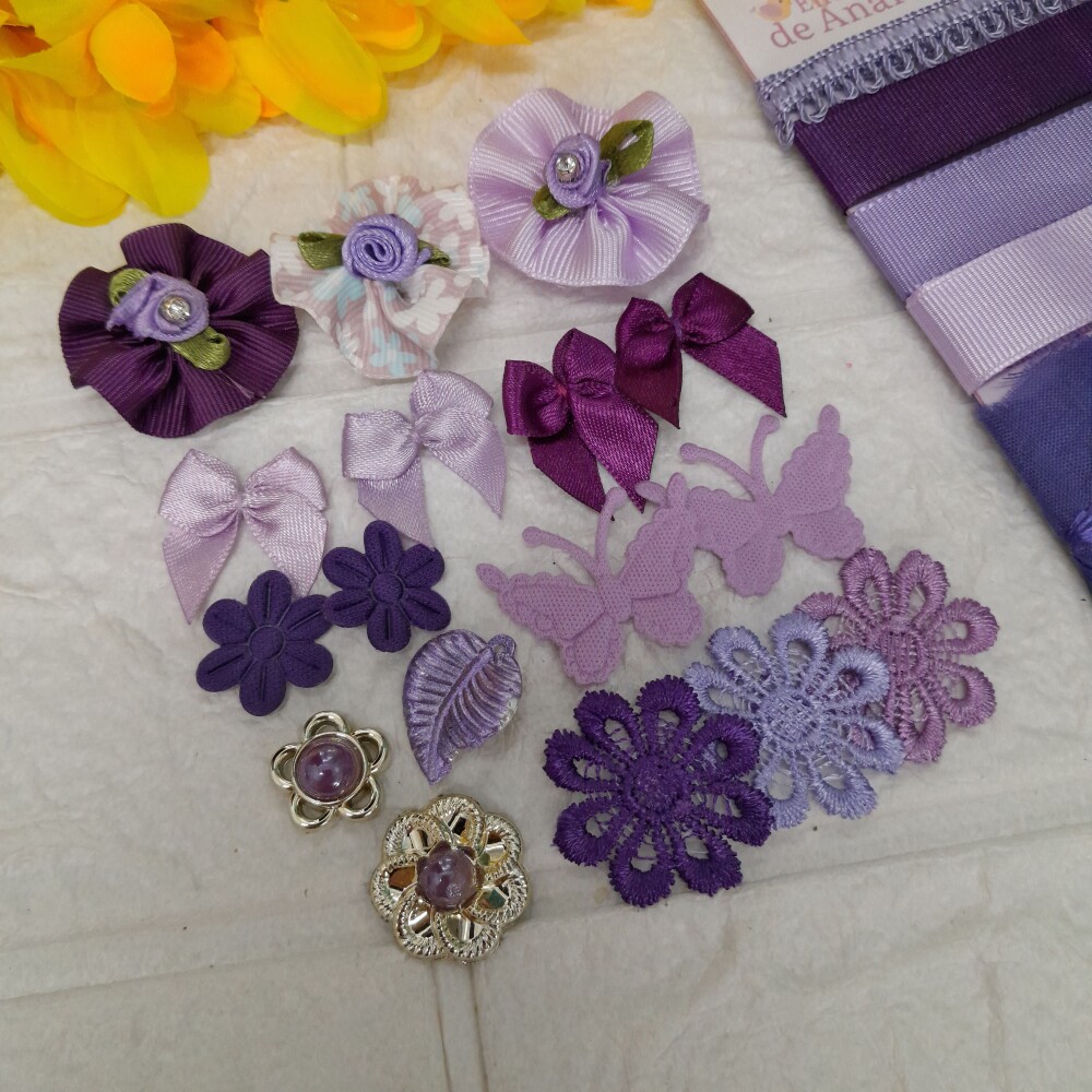 Kit de Fitas, Aviamentos e Enfeites Coordenados Tons Roxo e Lilas