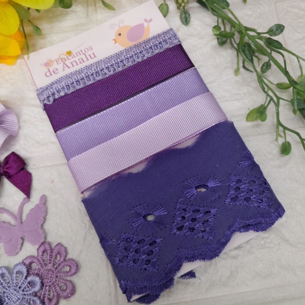Kit de Fitas, Aviamentos e Enfeites Coordenados Tons Roxo e Lilas