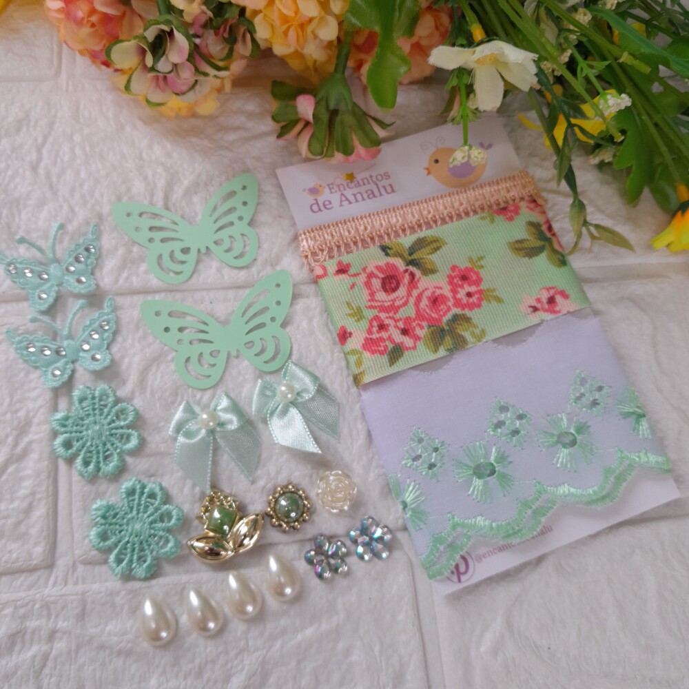Kit de Fitas, Bordado e Enfeites Coordenados Tons Verde e Coral