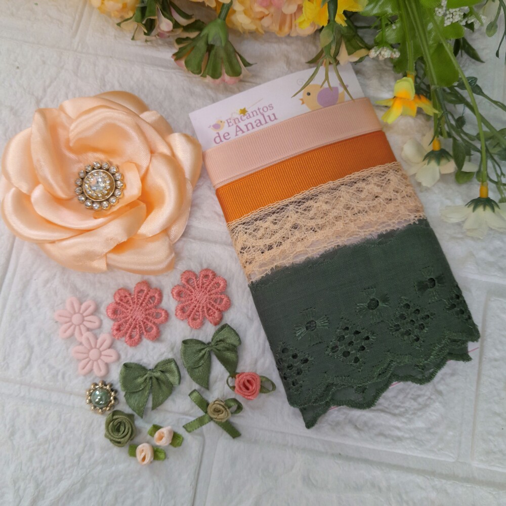 Kit de Fitas, Aviamentos e Enfeites Coordenados Verde e Salmão