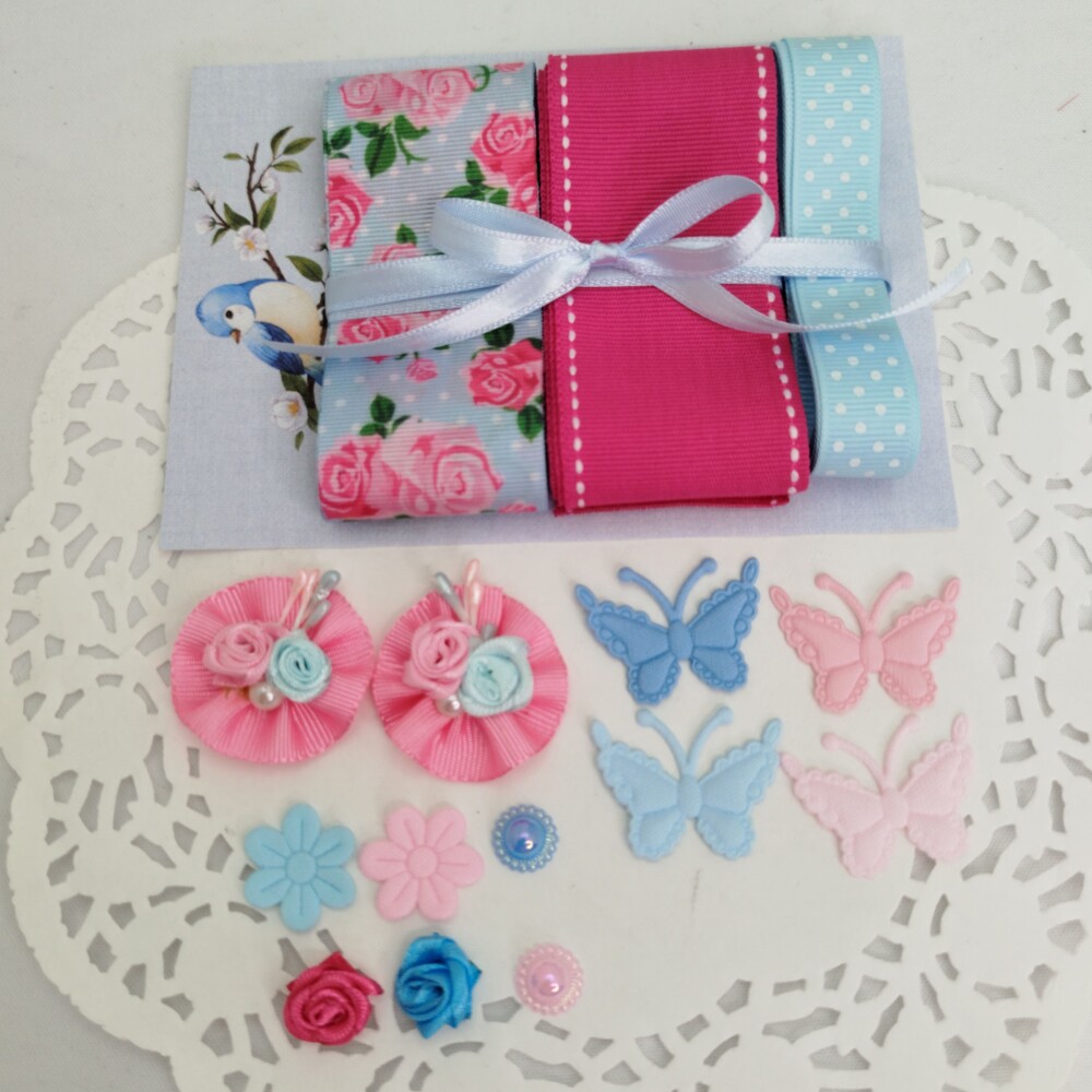 Kit de Fitas e Enfeites Coordenados Azul e Pink Scrapbook e Artes