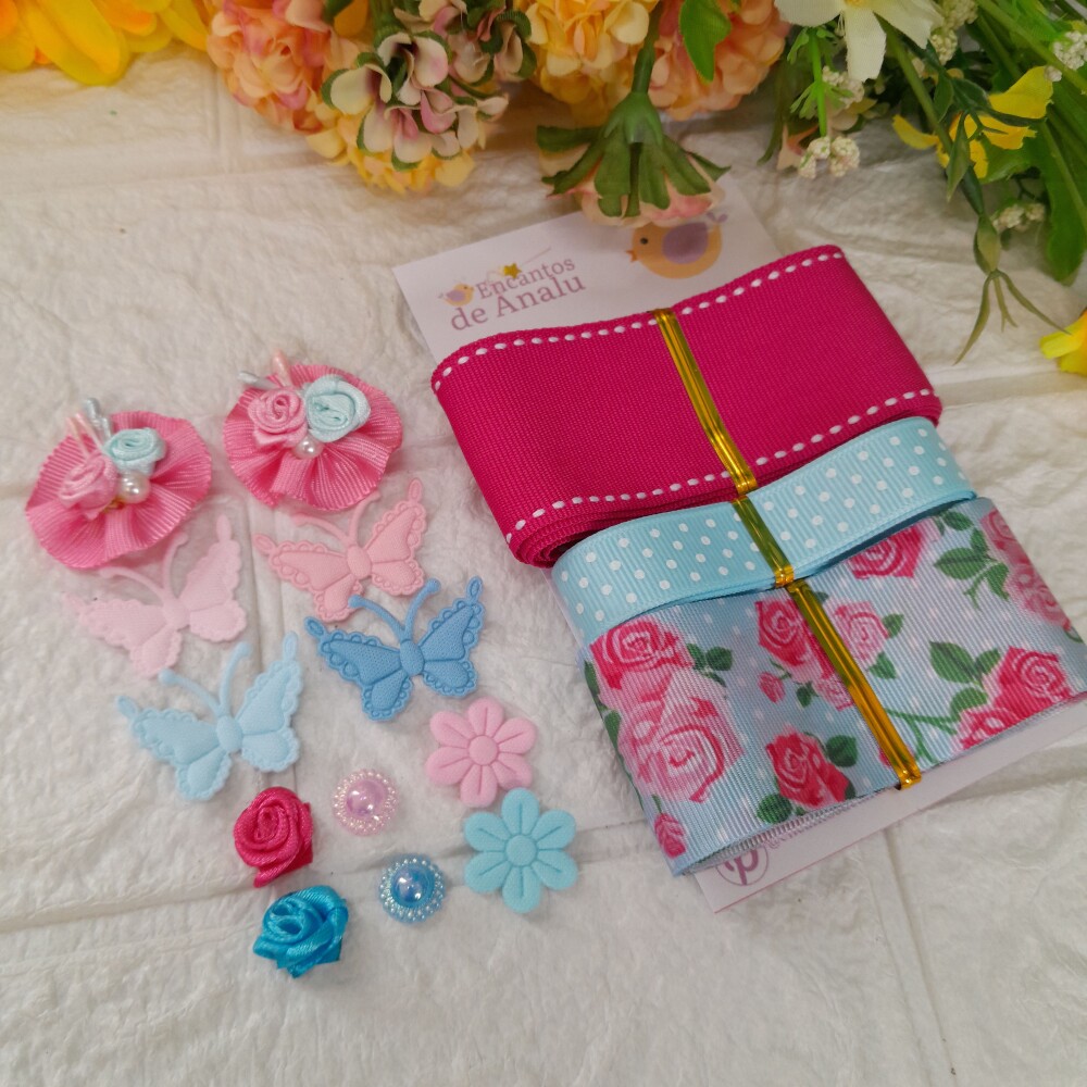 Kit de Fitas e Enfeites Coordenados Azul e Pink Scrapbook e Artes