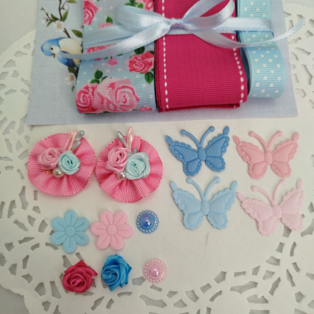 Kit de Fitas e Enfeites Coordenados Azul e Pink Scrapbook e Artes