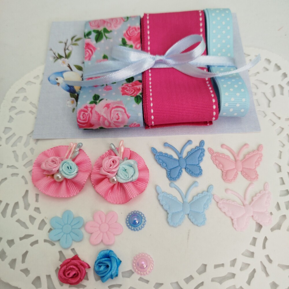 Kit de Fitas e Enfeites Coordenados Azul e Pink Scrapbook e Artes