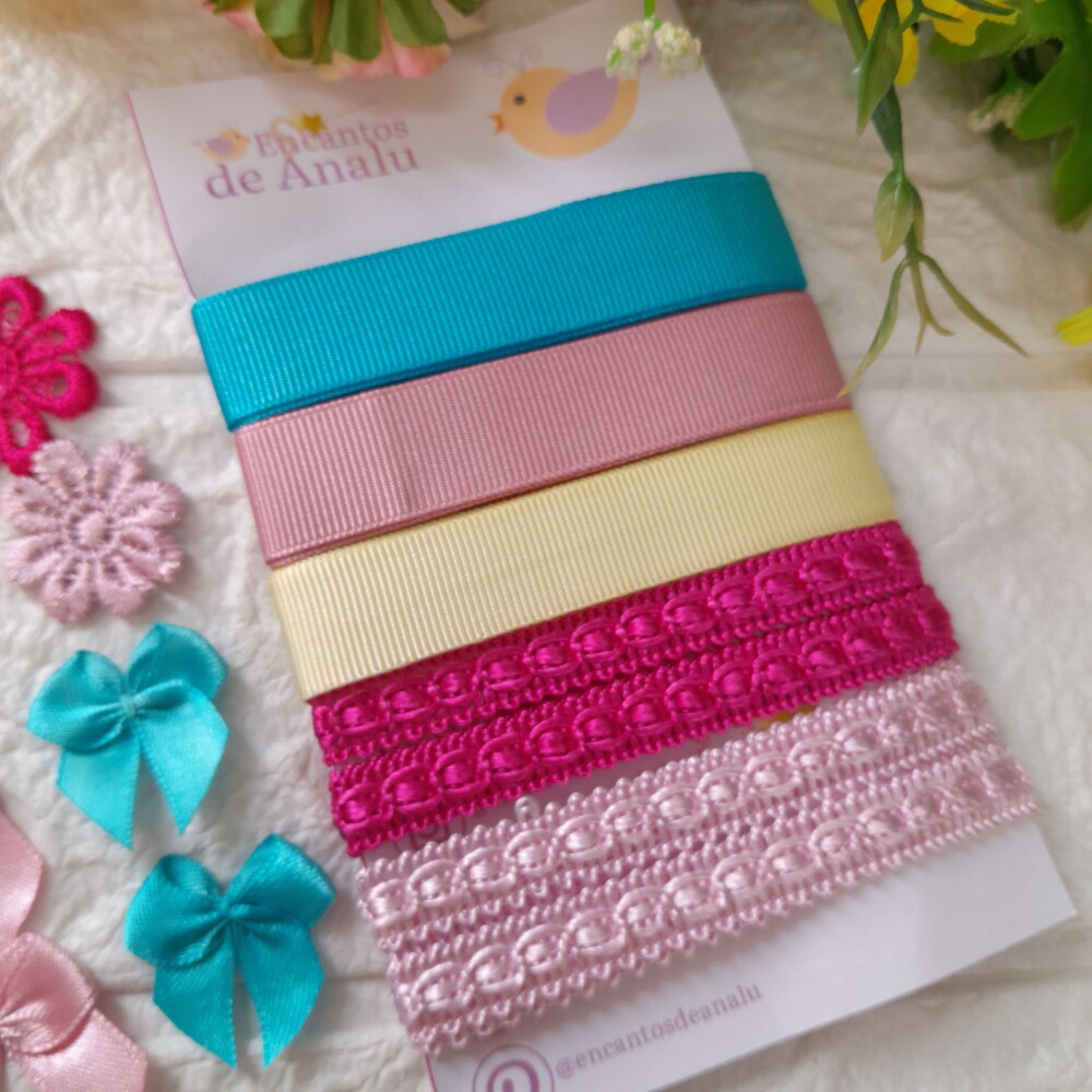 Kit de Fitas Aviamentos e Enfeites Coordenados Azul Rosa e Bege