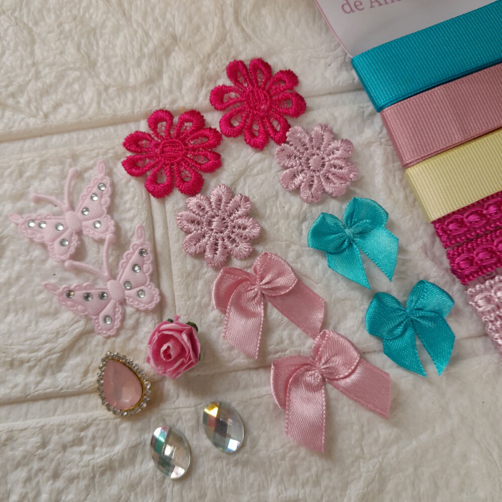 Kit de Fitas Aviamentos e Enfeites Coordenados Azul Rosa e Bege