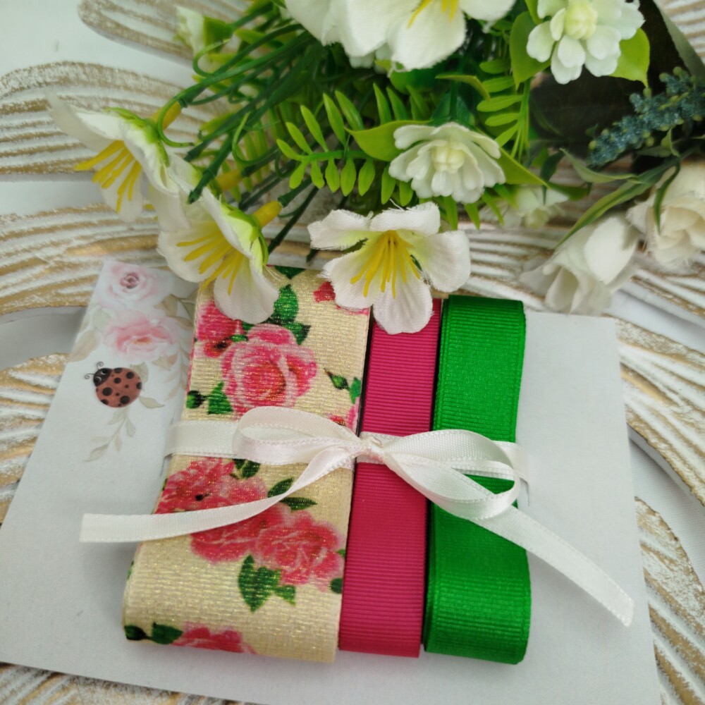 Kit de Fitas Lurex Floral Rosas e Gorgurão Pink e Verde