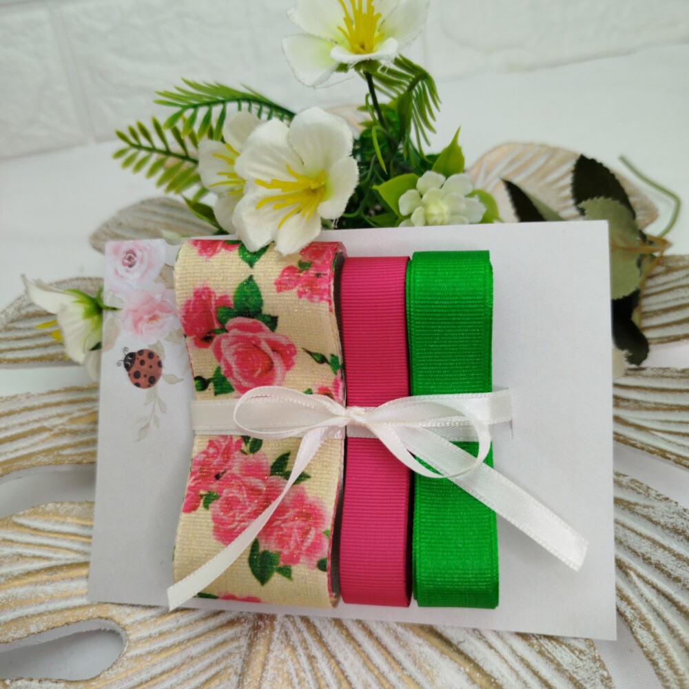 Kit de Fitas Lurex Floral Rosas e Gorgurão Pink e Verde