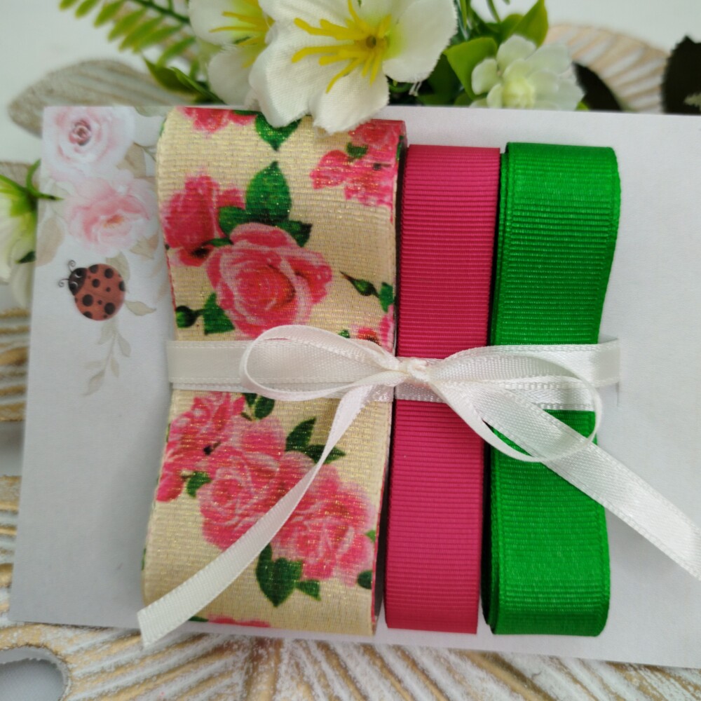 Kit de Fitas Lurex Floral Rosas e Gorgurão Pink e Verde