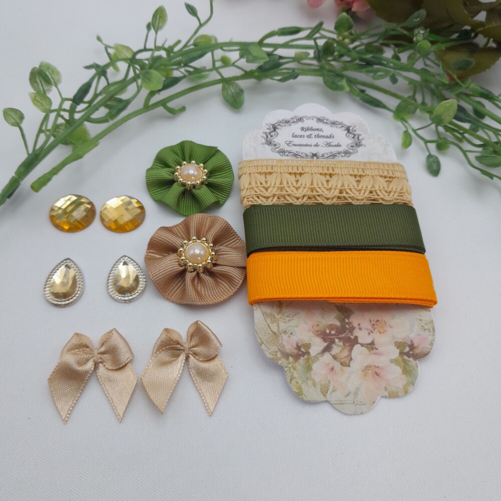 Kit de Aviamentos Coordenados Bege, Verde e Laranja para Artes e