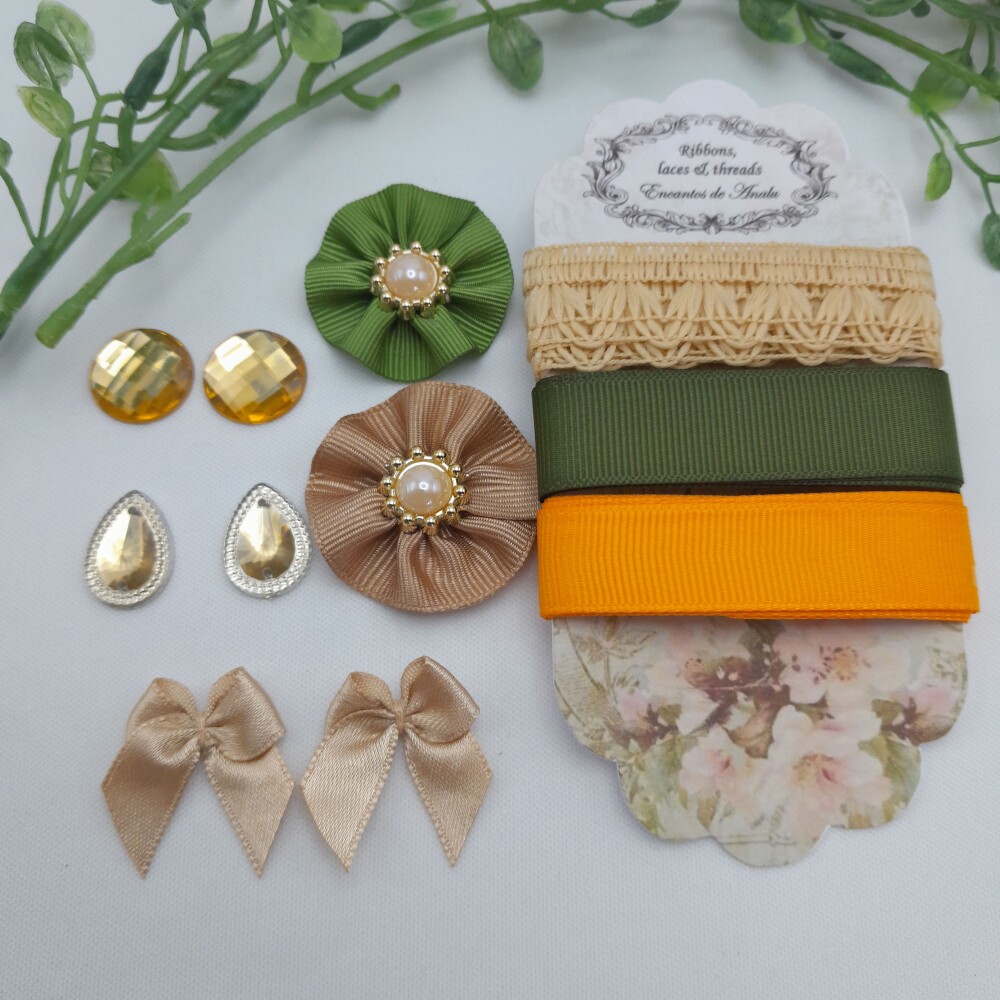 Kit de Aviamentos Coordenados Bege, Verde e Laranja para Artes e
