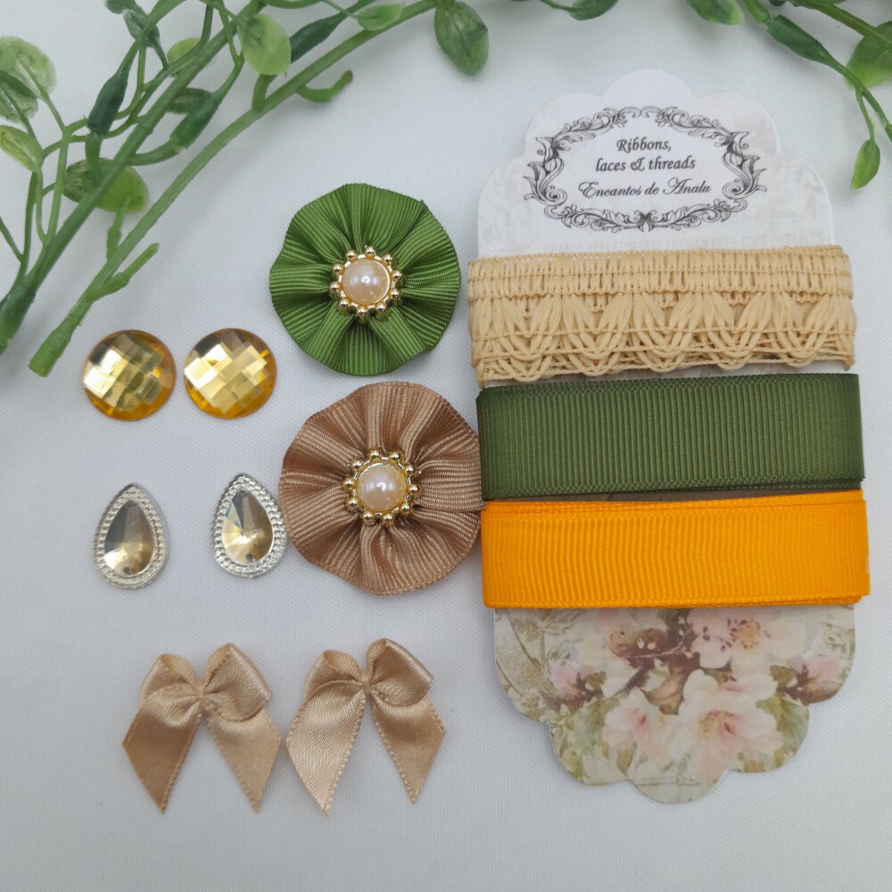 Kit de Aviamentos Coordenados Bege, Verde e Laranja para Artes e