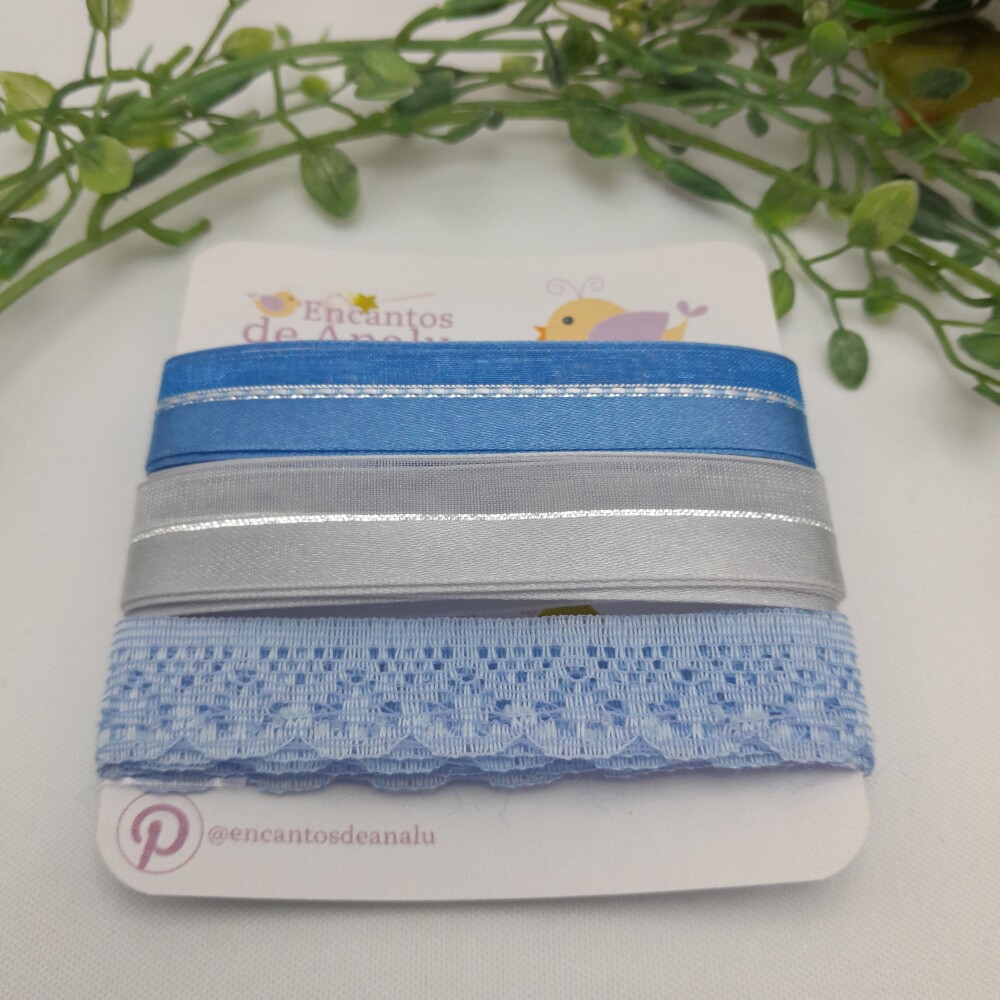 Cartela de Renda e Fitas Azuis para Scrapbook e Artesanato
