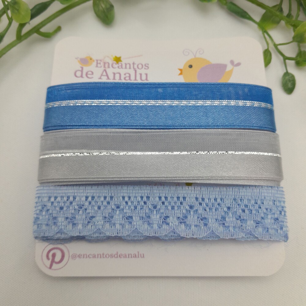 Cartela de Renda e Fitas Azuis para Scrapbook e Artesanato