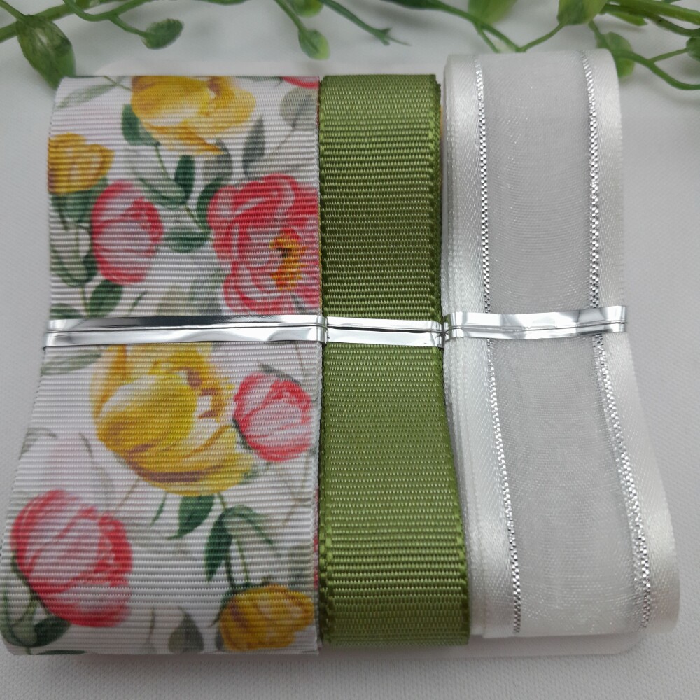Kit Fitas Flores Amarela e Coral, Fita Branca e Gorgurão Verde