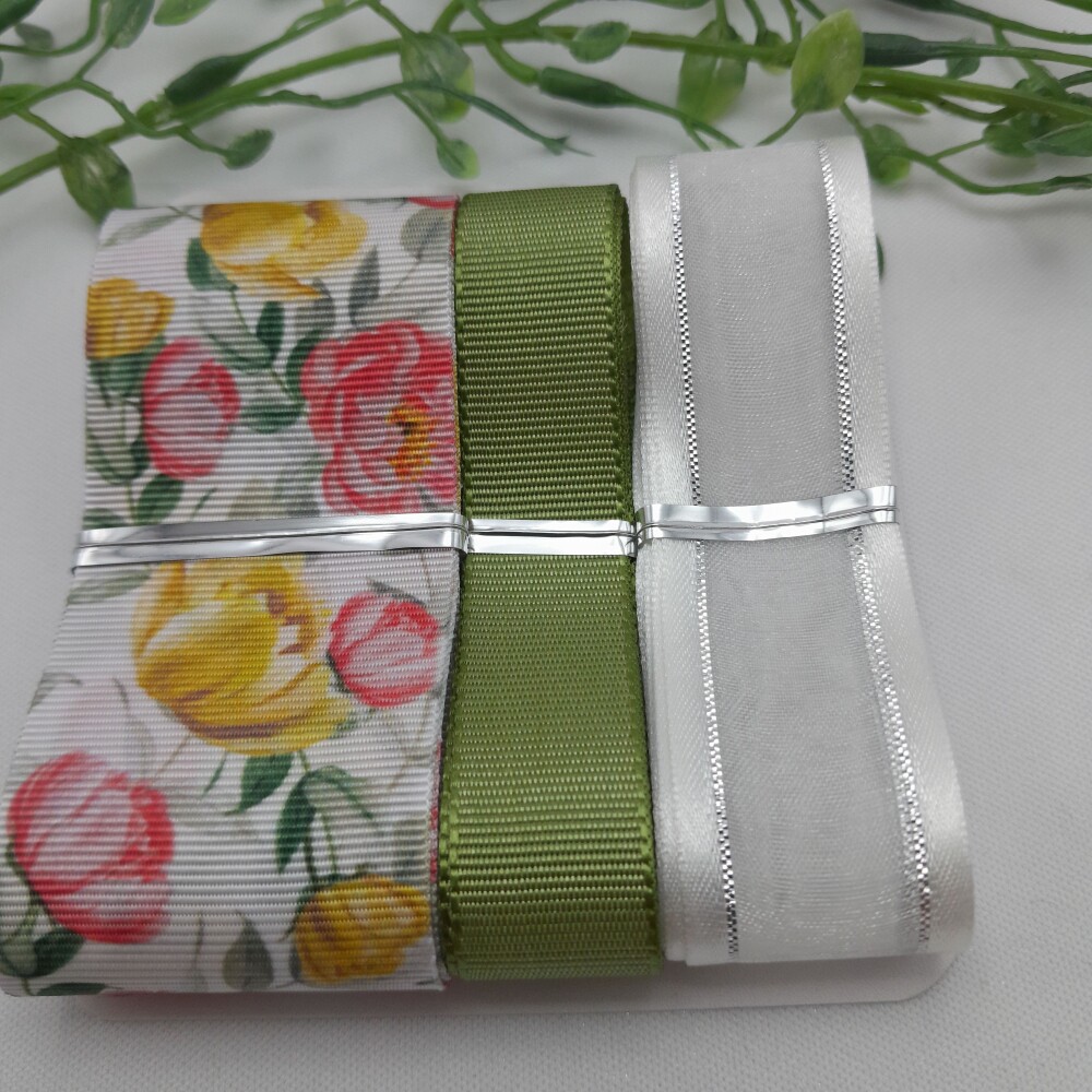 Kit Fitas Flores Amarela e Coral, Fita Branca e Gorgurão Verde