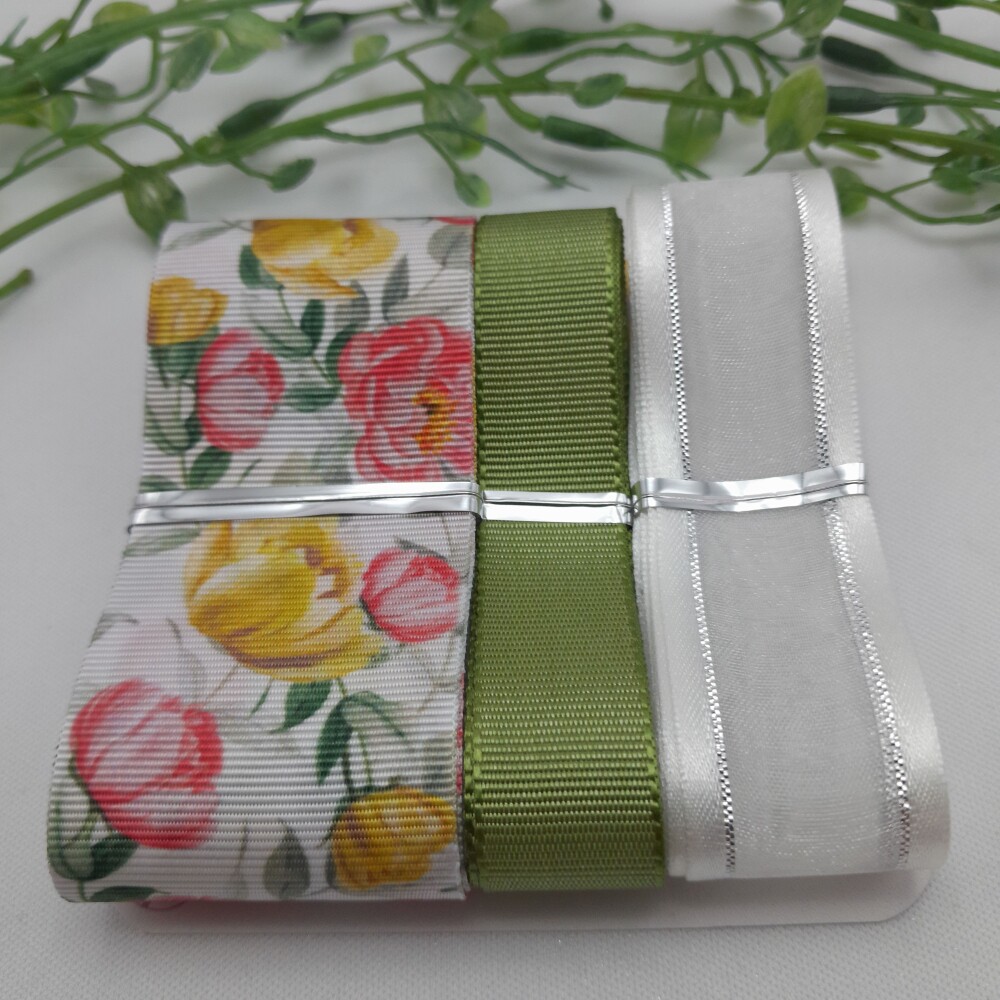 Kit Fitas Flores Amarela e Coral, Fita Branca e Gorgurão Verde