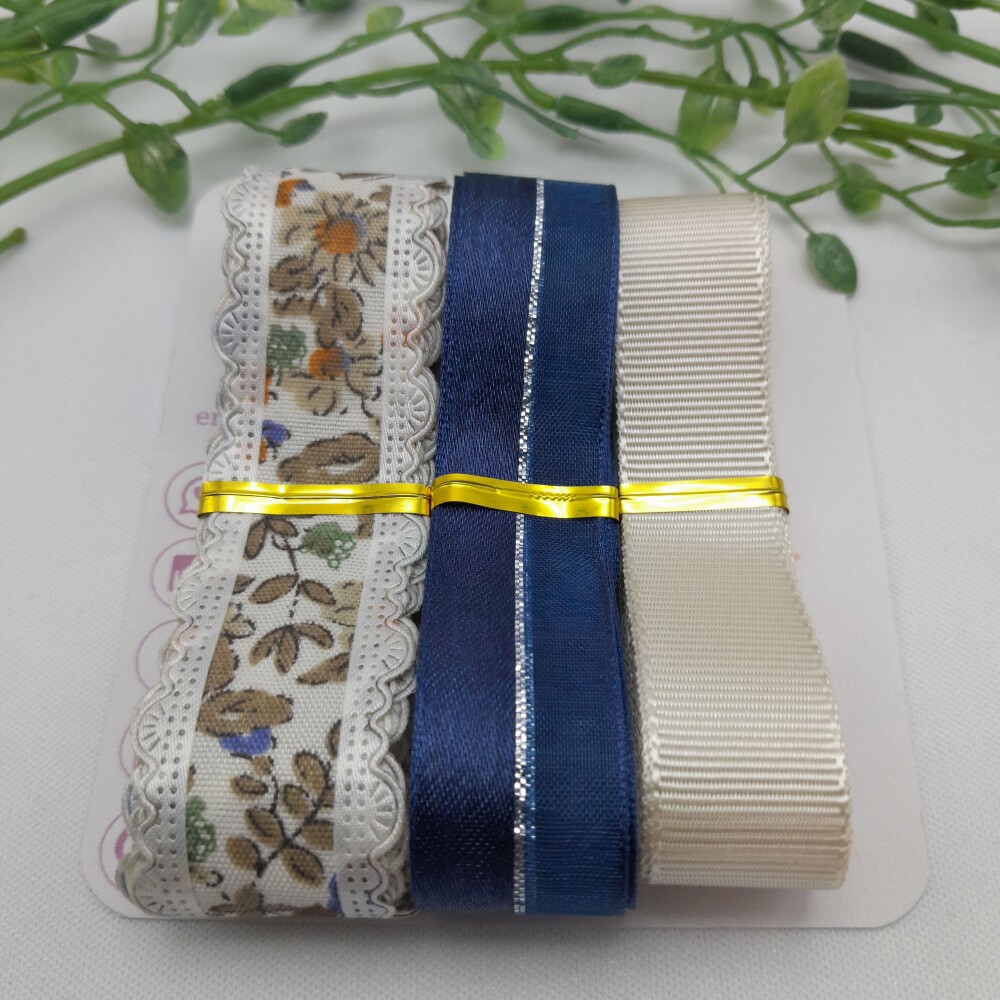 Kit de Fitas Estampa Flores Coloridas Azuis, Laranja e Bege Escur