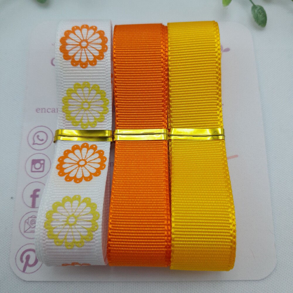 Kit Coordenado de Fita Amarela e Laranja com Estampa Margaridas