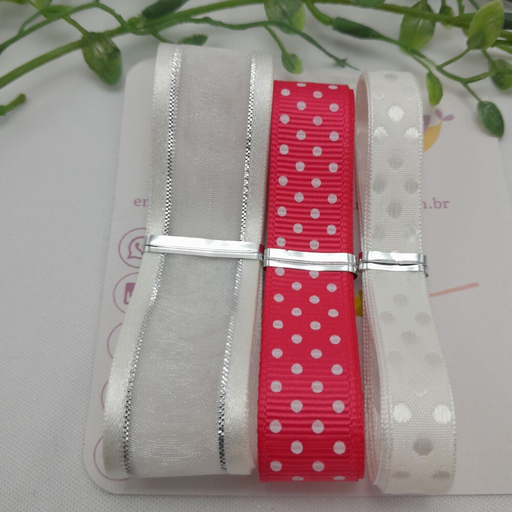 Kit de Fitas Gorgurão Pink Poá Branco e Voil/Cetim Brilho