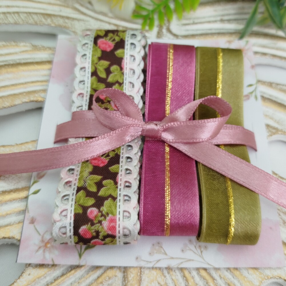 Kit de Fitas Poliester Floral, Cetim Rosé e Verde Oliva