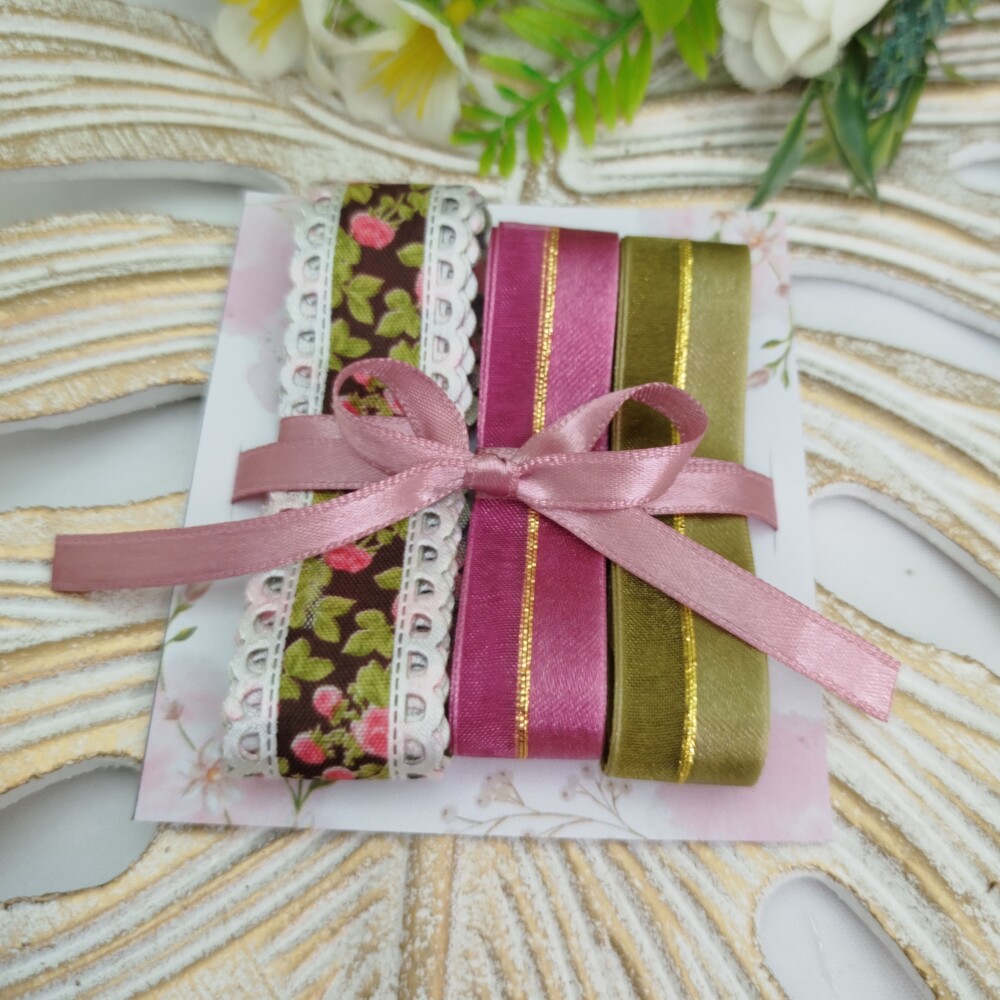 Kit de Fitas Poliester Floral, Cetim Rosé e Verde Oliva