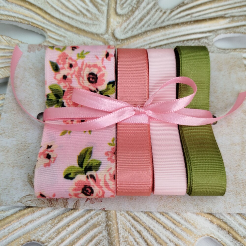 Kit de Fitas Gorgurão Floral Coral, Rosa e Verde