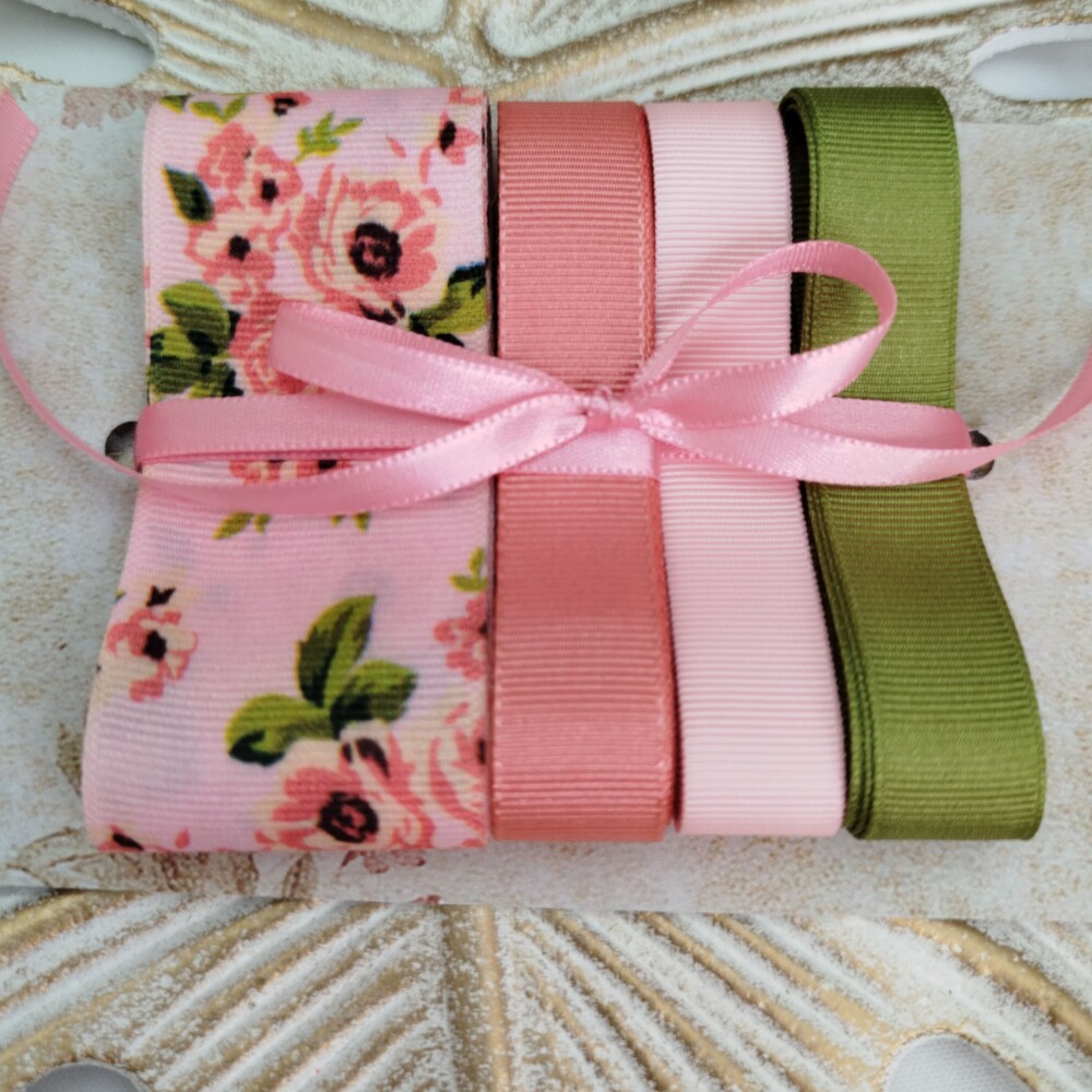 Kit de Fitas Gorgurão Floral Coral, Rosa e Verde