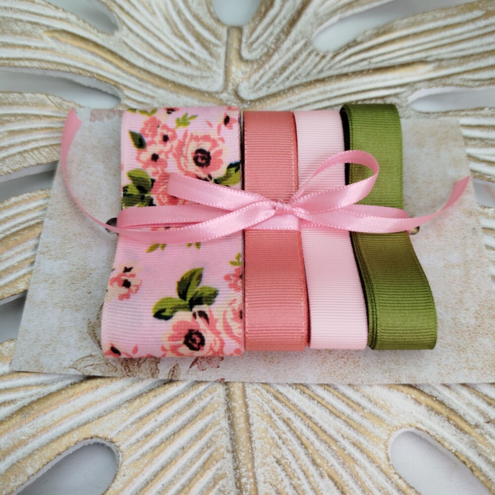 Kit de Fitas Gorgurão Floral Coral, Rosa e Verde