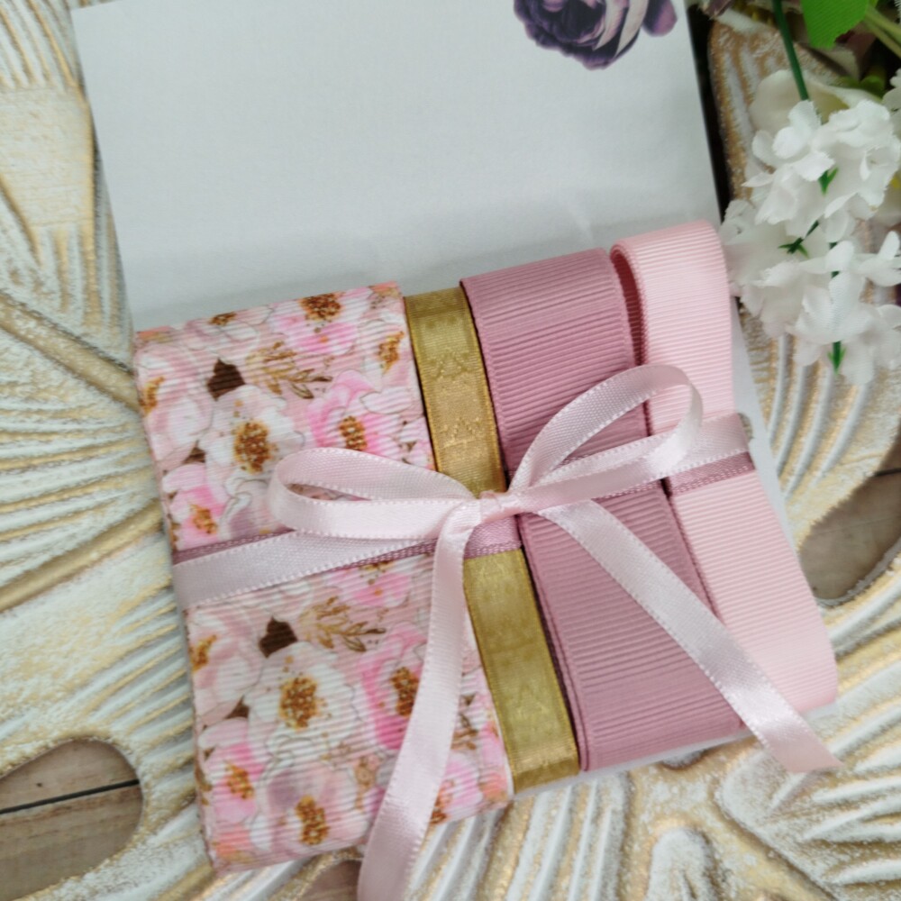 Kit de Fitas Floral Rosa Chá Gorgurão Lisos e Cetim dourado