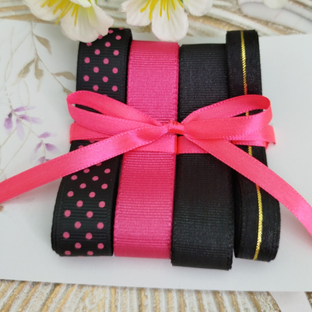 Kit de Fitas Preto e Pink Poá — Gorgurão e Voil com Cetim