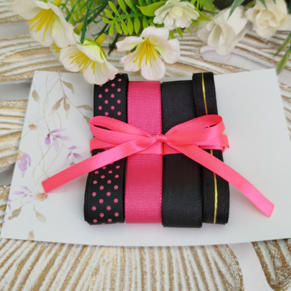 Kit de Fitas Preto e Pink Poá — Gorgurão e Voil com Cetim