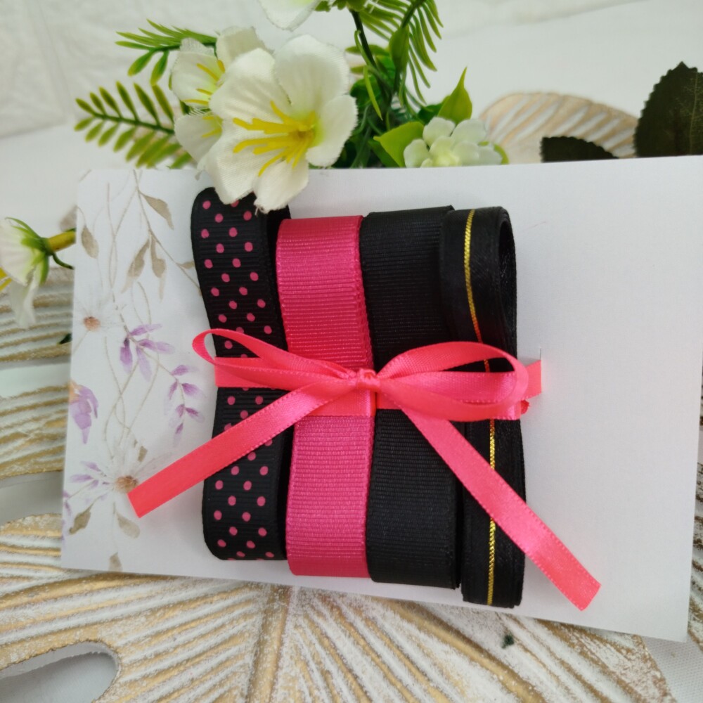 Kit de Fitas Preto e Pink Poá — Gorgurão e Voil com Cetim