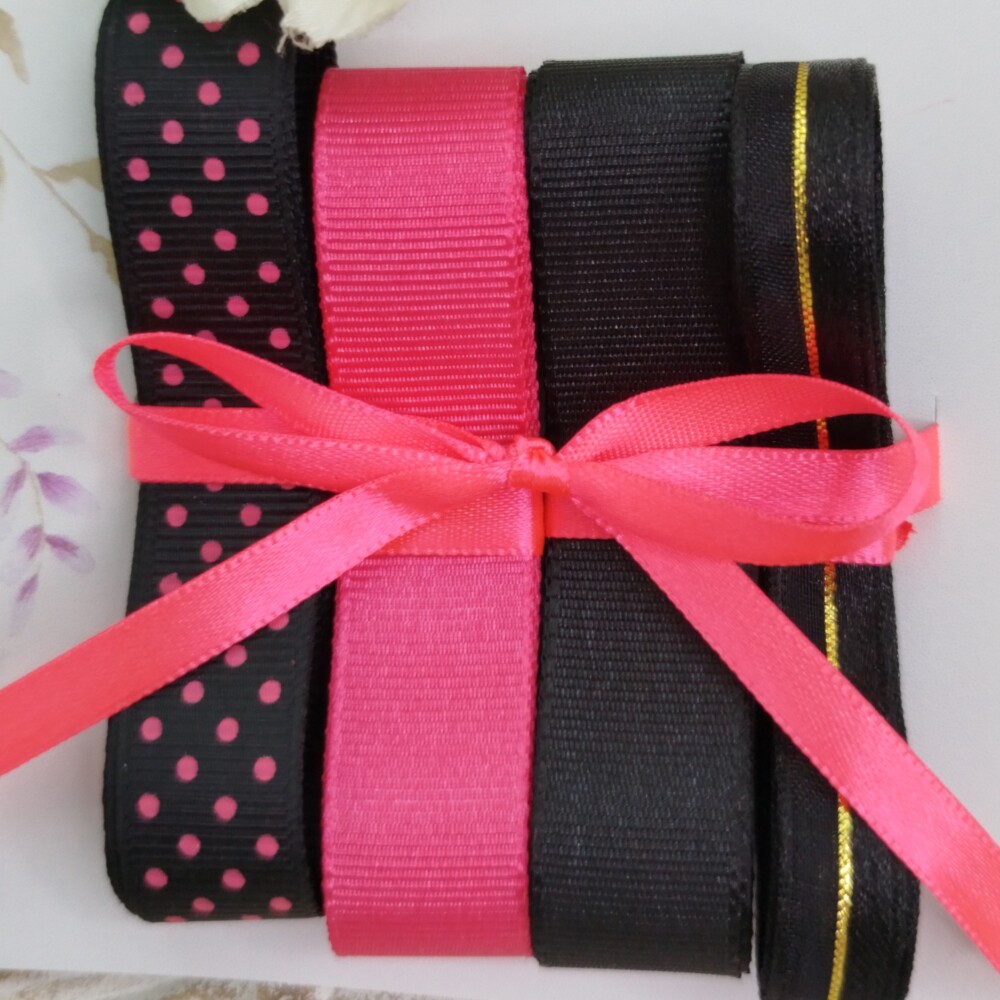 Kit de Fitas Preto e Pink Poá — Gorgurão e Voil com Cetim