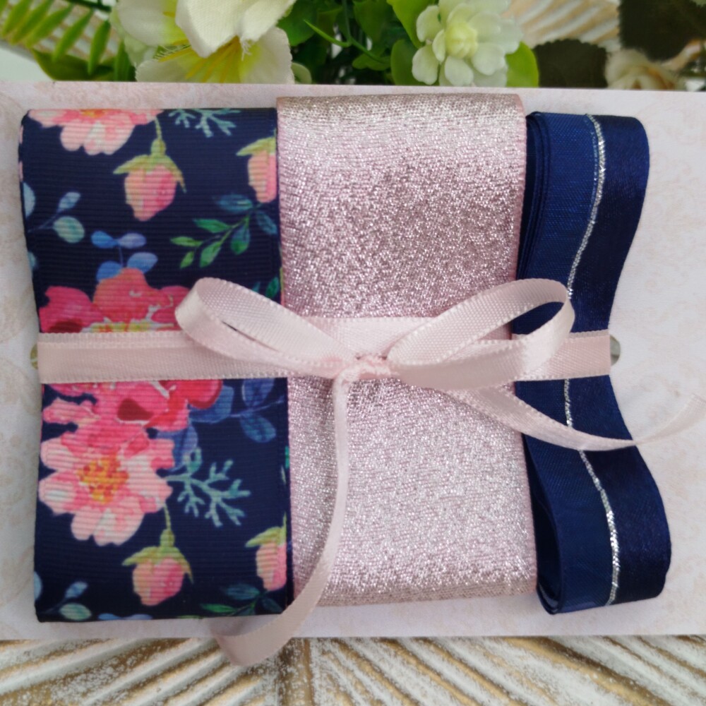 Kit de Fitas Floral Azul Marinho e Lurex Rosa Cha