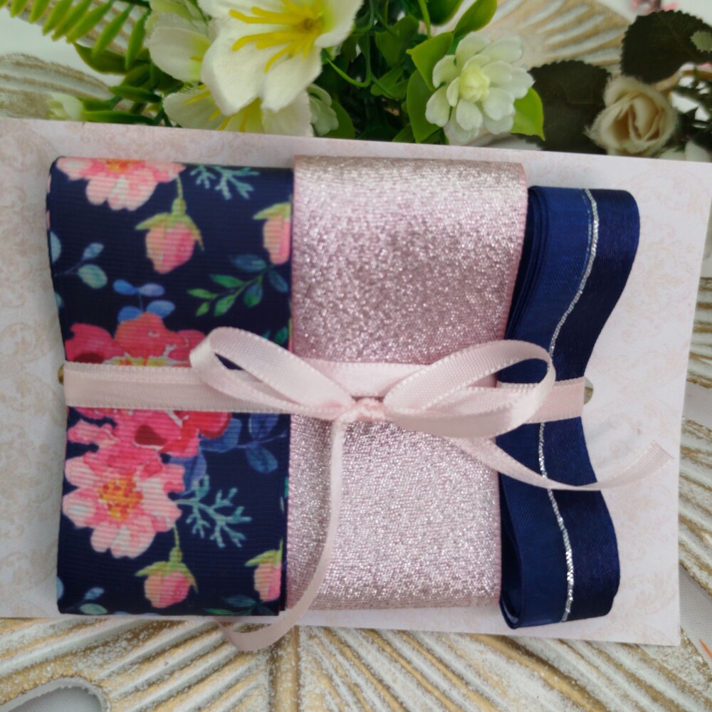 Kit de Fitas Floral Azul Marinho e Lurex Rosa Cha