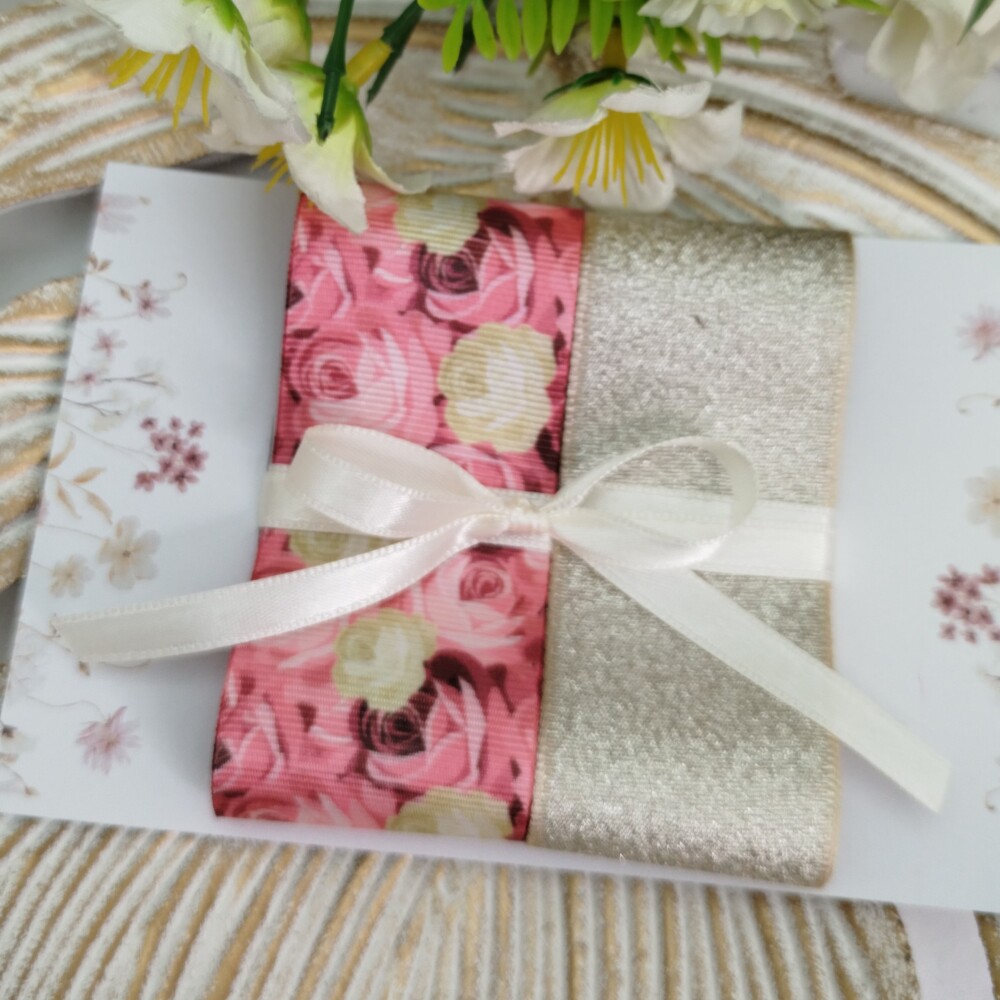 Kit de Fitas Floral Rosas Gorgurão Estampado e Lurex Champanhe