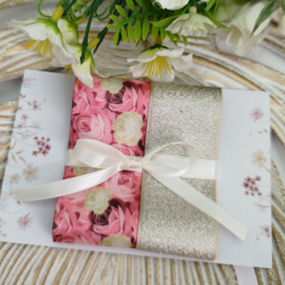 Kit de Fitas Floral Rosas Gorgurão Estampado e Lurex Champanhe