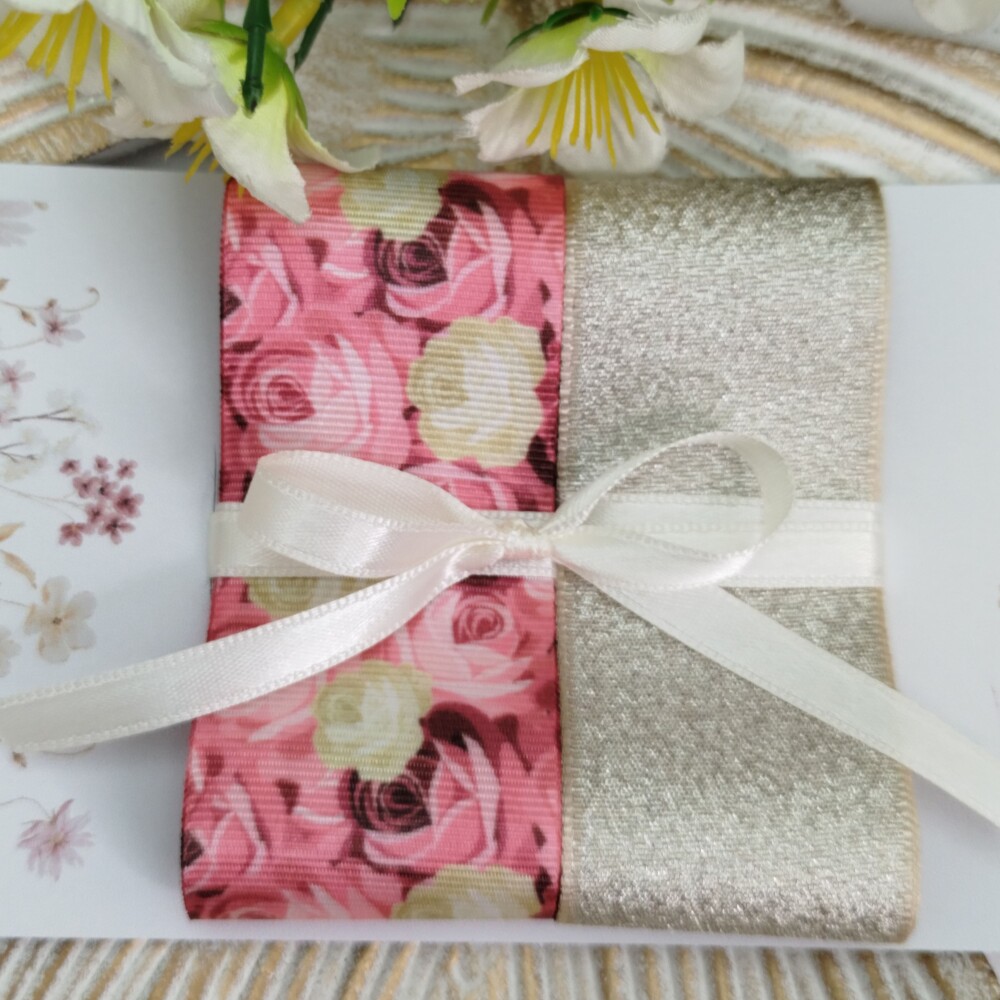 Kit de Fitas Floral Rosas Gorgurão Estampado e Lurex Champanhe