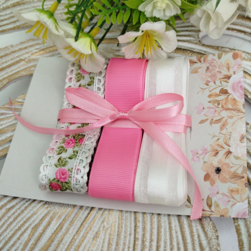 Kit Fitas Floral Rosa e Branca: Poliéster Gorgurão e Voil