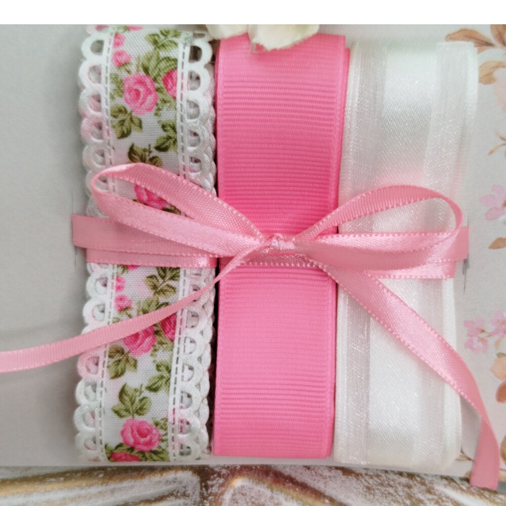 Kit Fitas Floral Rosa e Branca: Poliéster Gorgurão e Voil