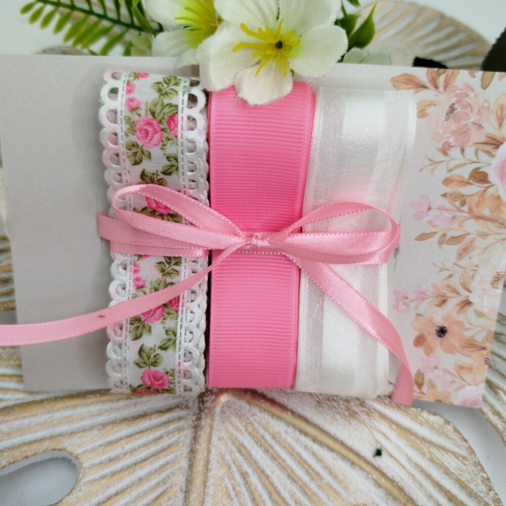 Kit Fitas Floral Rosa e Branca: Poliéster Gorgurão e Voil