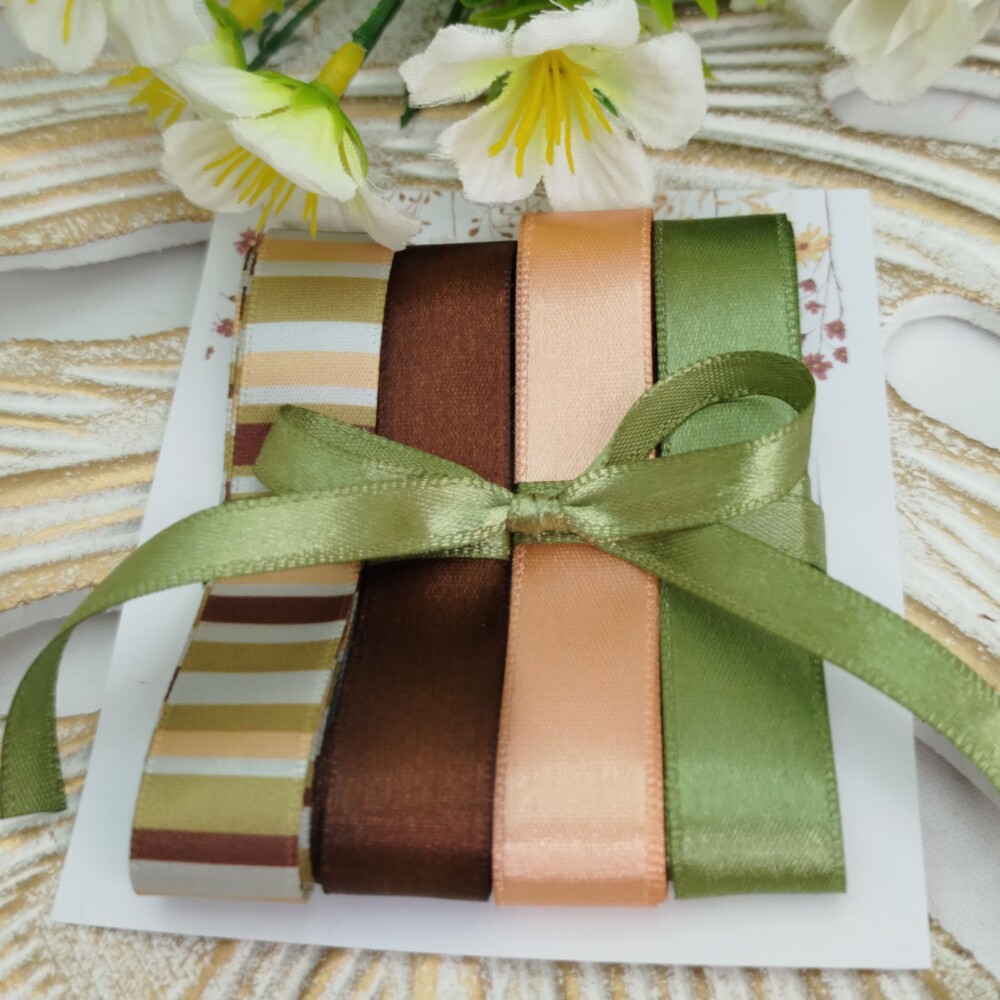 Kit de Fitas Cetim Listrado, Marrom, Coral e Verde Musgo