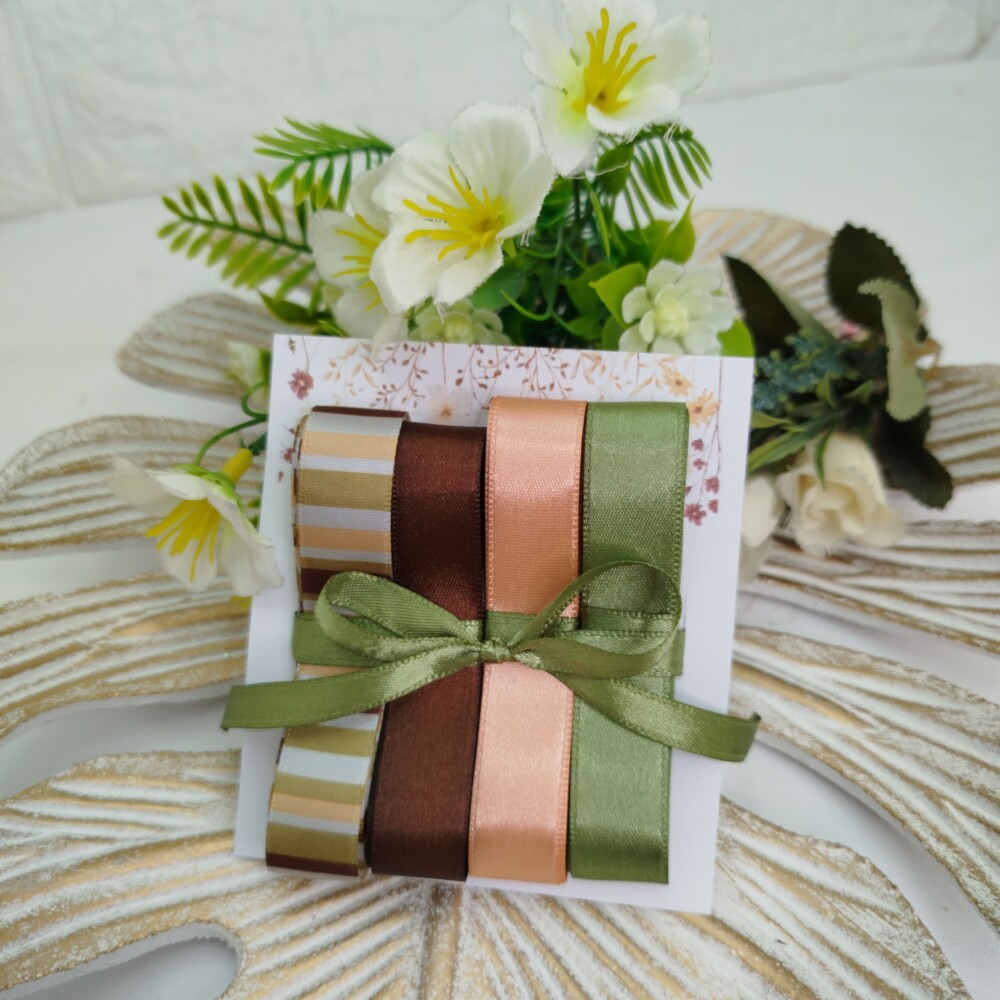 Kit de Fitas Cetim Listrado, Marrom, Coral e Verde Musgo