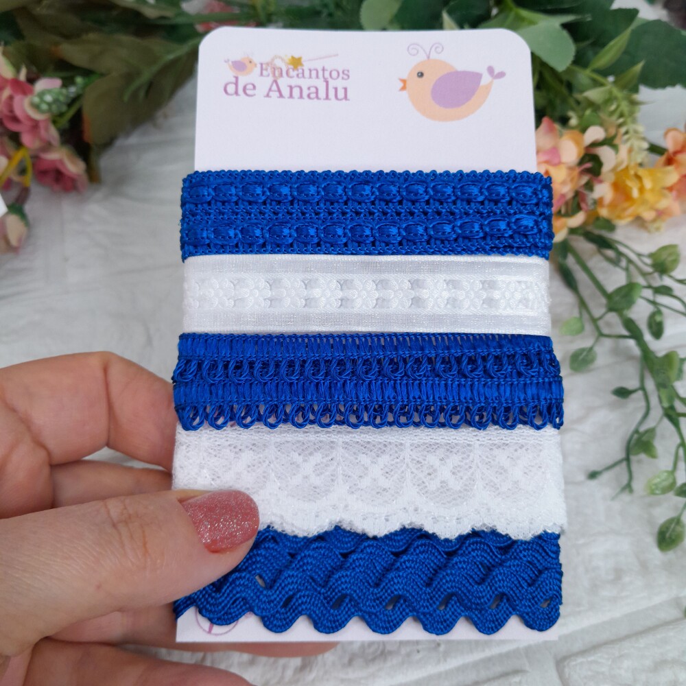Kit de Aviamentos Azul Royal e Branco: Sianinha, passamanaria, po