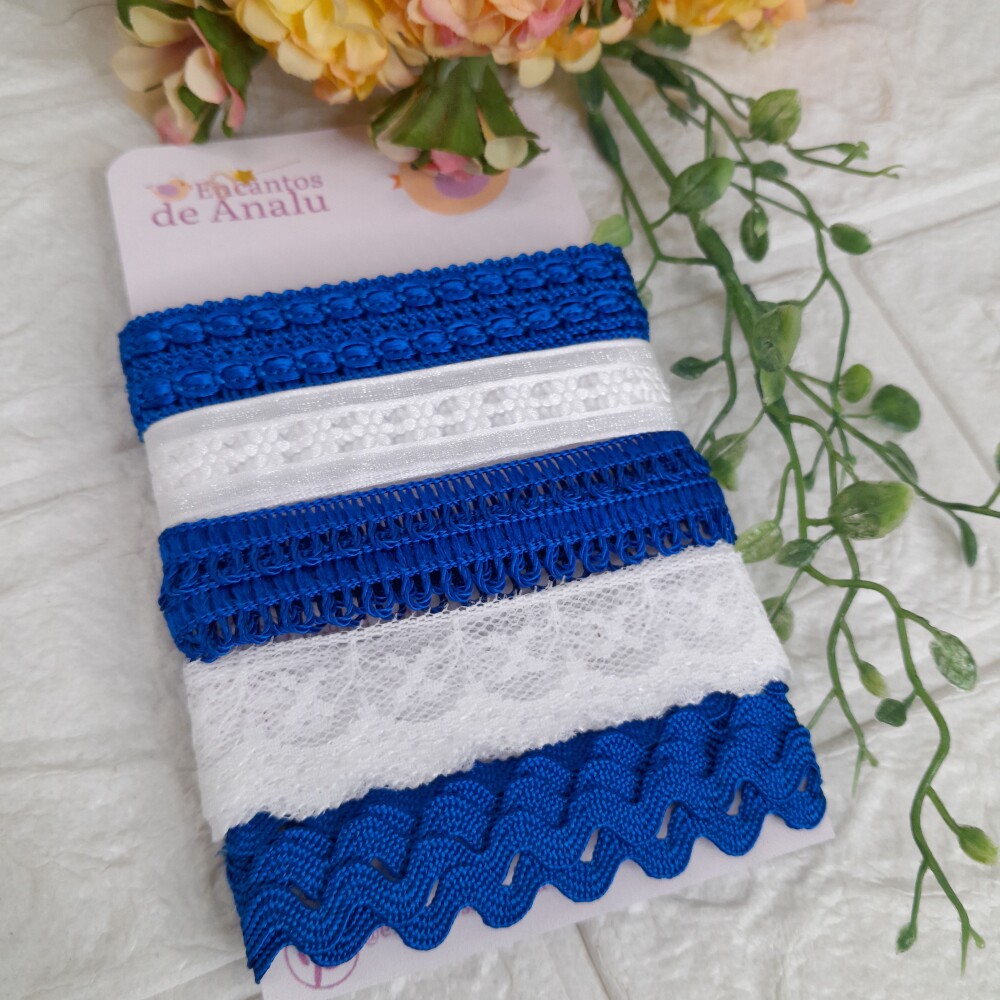 Kit de Aviamentos Azul Royal e Branco: Sianinha, passamanaria, po