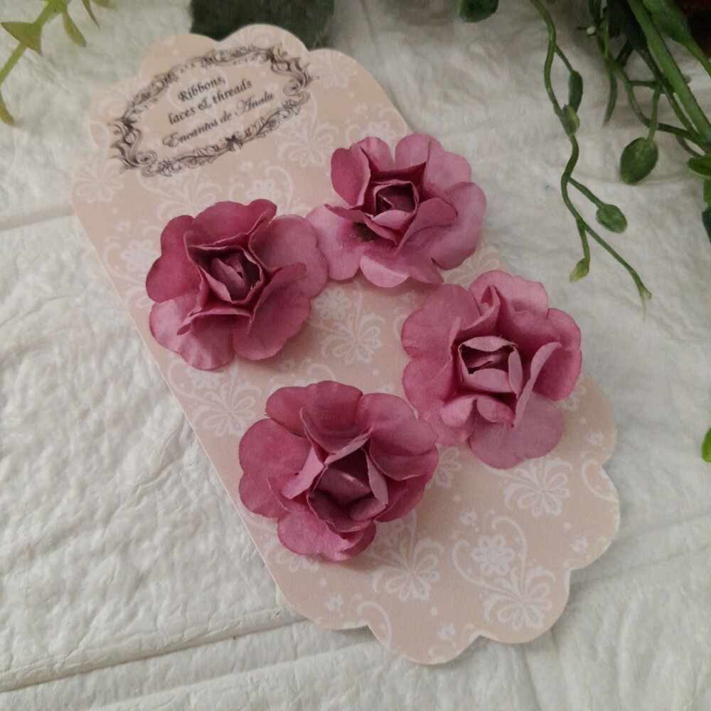 Aplique 4 Flores em papel cor rosa antigo para artesanato e scrap