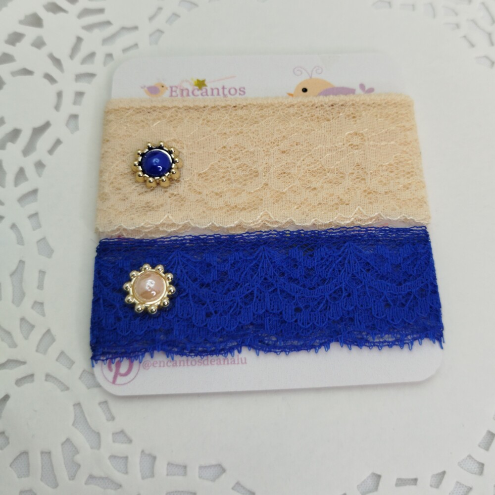 Kit de Rendas Azul e Bege e Chatons em Cores Coordenadas